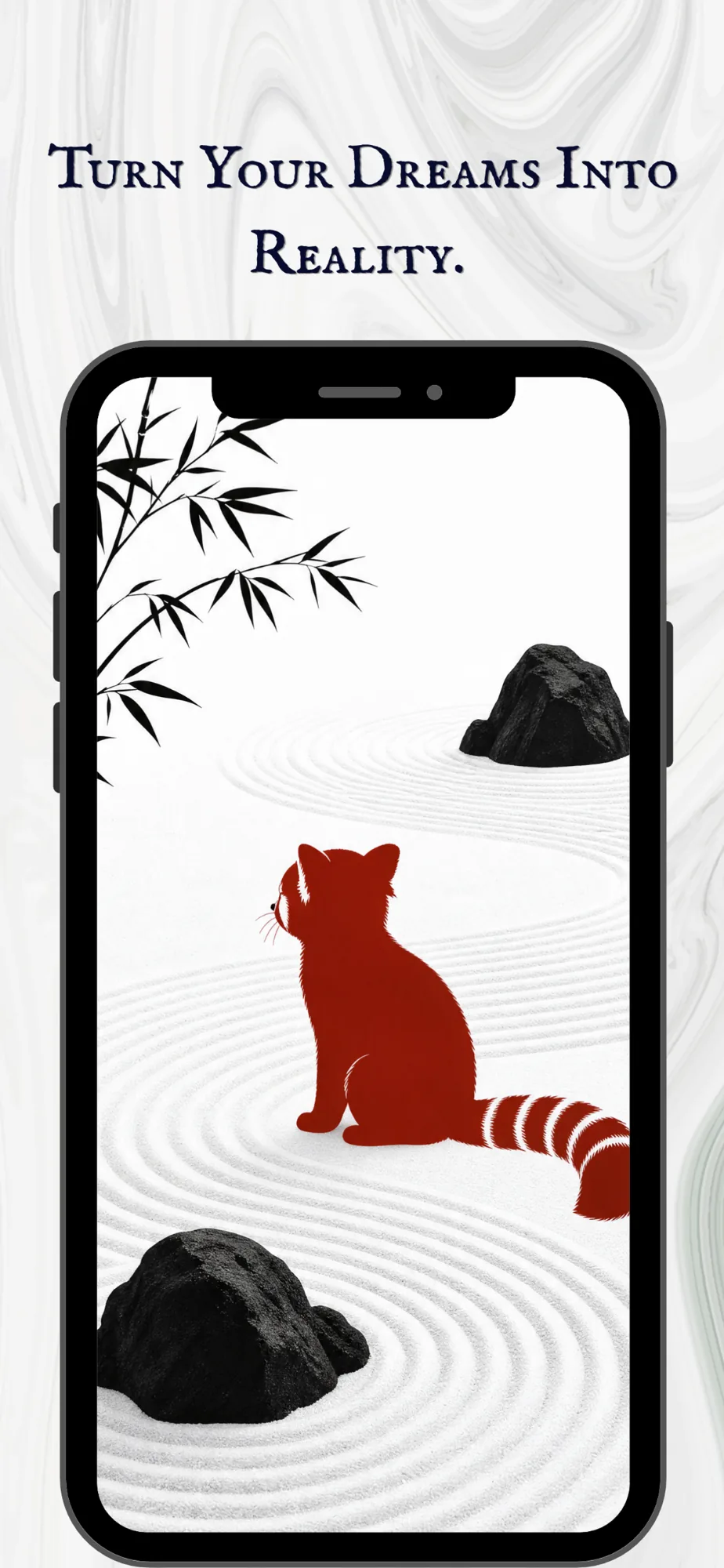 Self Story: Turn your dreams into reality. A red panda sits in a raked garden.